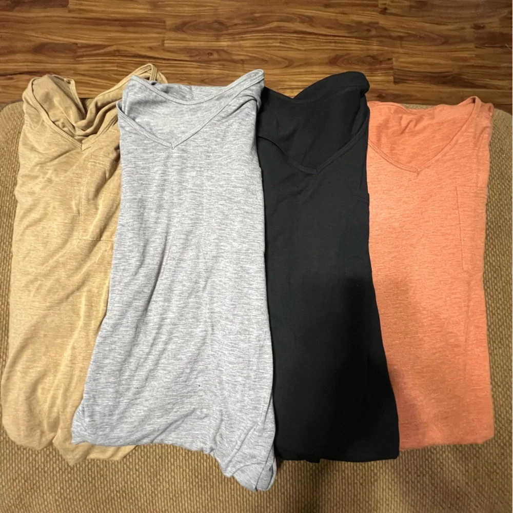 V-Neck Short Sleeve Tee Dresses in Black, Heather Gray, Tan, and Salmon Bundle - Picture 1 of 13